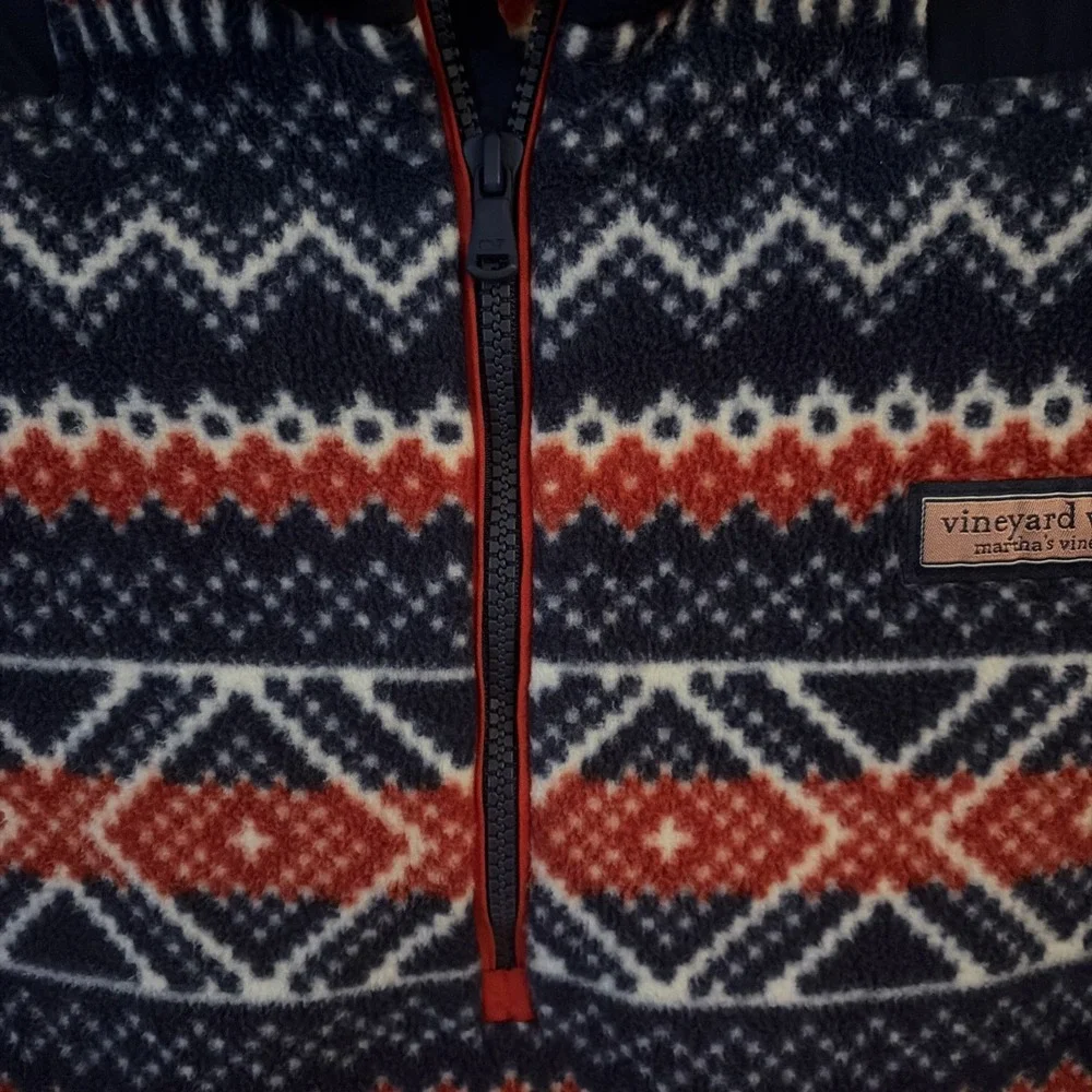Men's Vineyard Vines Fair Isles Fleece Pullover Sweater 1/4 Zip Blue Red Large